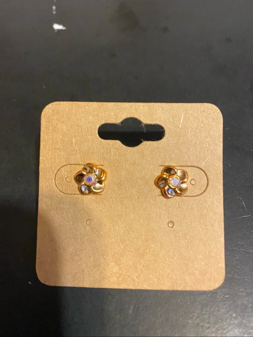 Gold Flower Stud Earrings with Red and Iridescent Stones